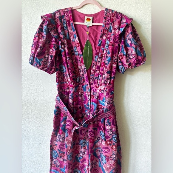 FARM Rio Floral Birds Blush Jumpsuit with Puff Sleeves Size: XL - Picture 13 of 16